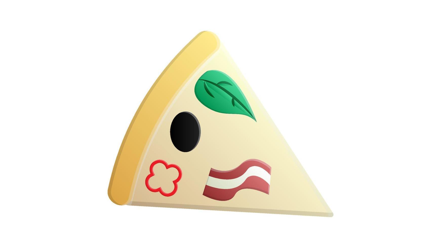 fatia de pizza em massa fina, fundo branco, ilustração vetorial. pizza recheada com carne, bacon, cogumelos, queijo, azeitonas. pizza italiana, fatia triangular, mordida rápida. comida rápida apetitosa vetor