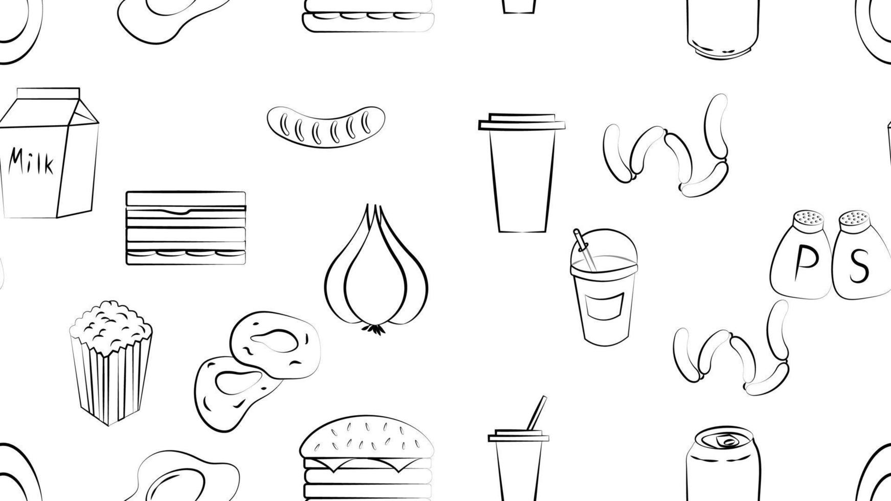 padrão sem fim preto e branco sem costura de ícones de alimentos e lanches definidos para restaurante bar café sanduíche, hambúrguer, refrigerante, bebida, pipoca, limonada, salsicha. o fundo vetor