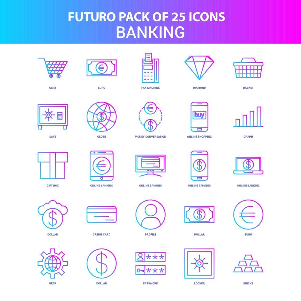 25 pacote de ícones do futuro bancário azul e rosa vetor