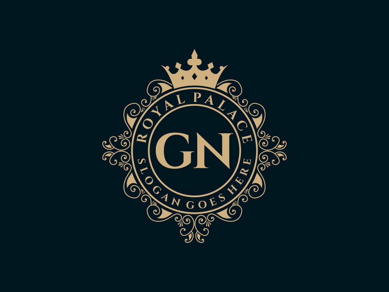 letra gn antigo logotipo vitoriano de luxo real com moldura ornamental. vetor