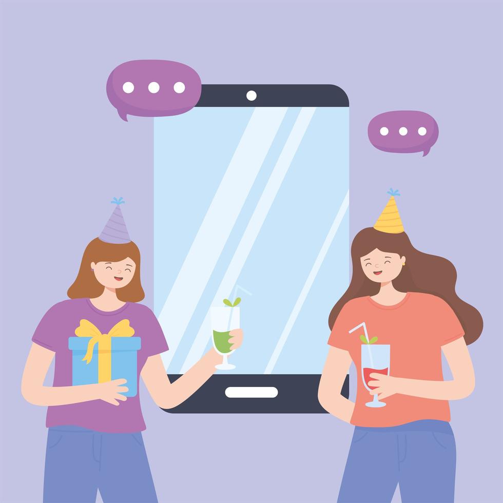 conceito de festa online com meninas festejando vetor