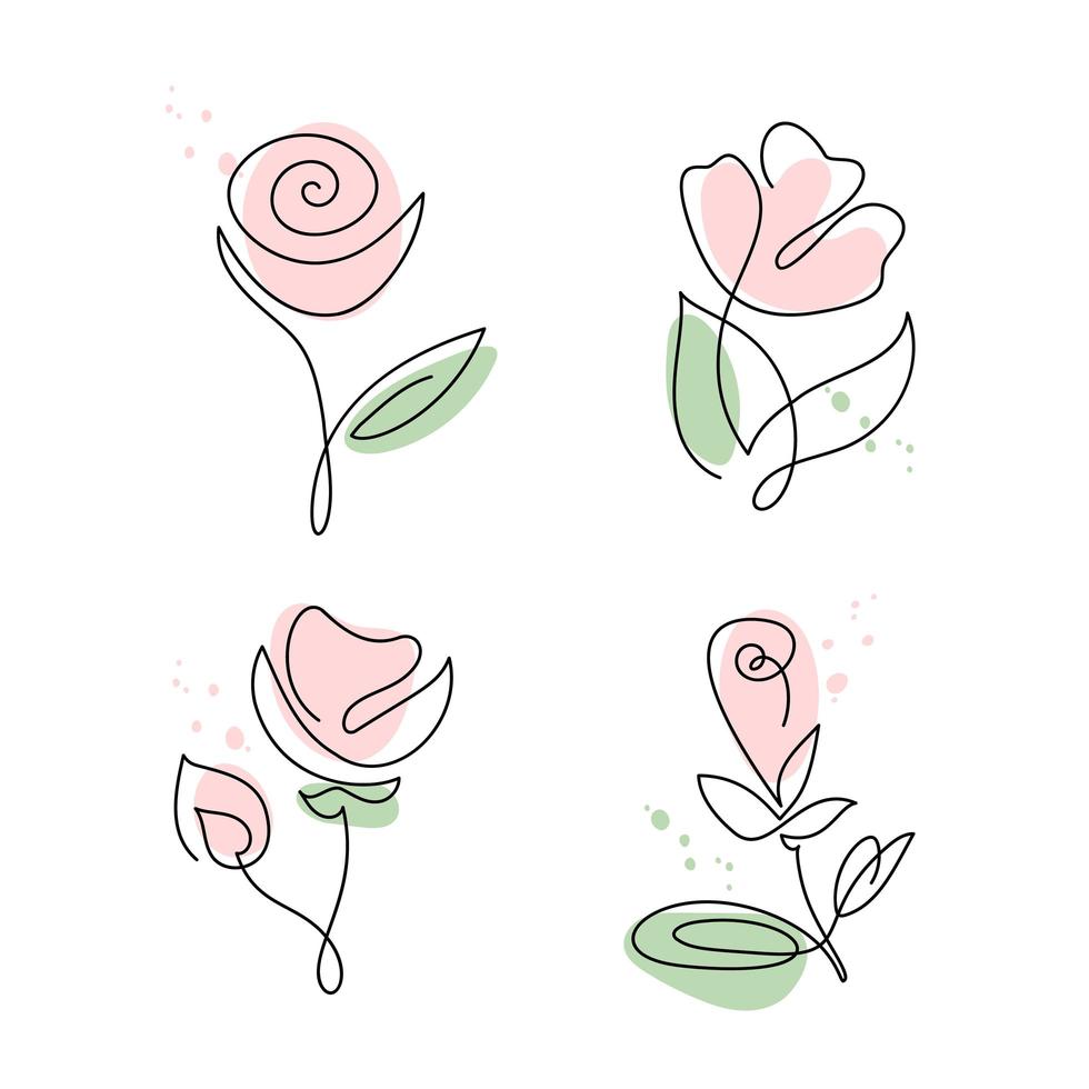 conjunto de flores rosas desenhadas à mão em linha contínua vetor