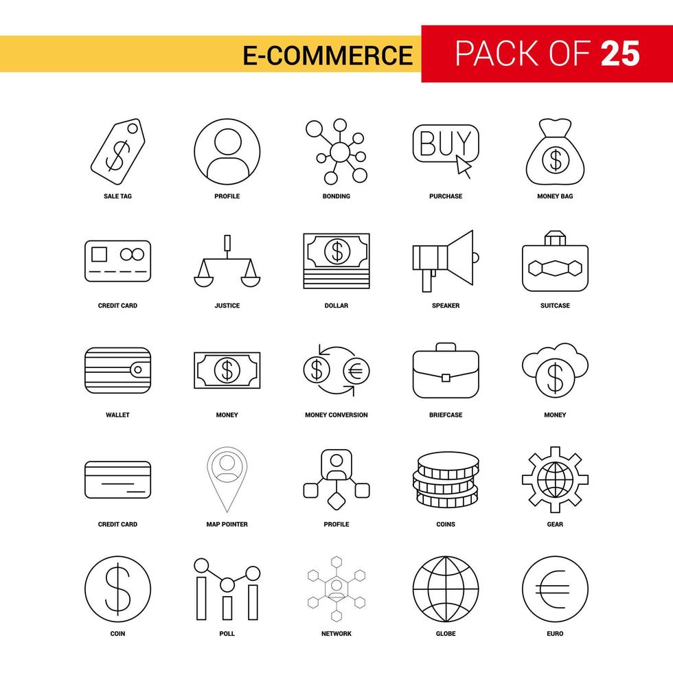 ícone de linha preta de comércio eletrônico 25 conjunto de ícones de contorno de negócios vetor