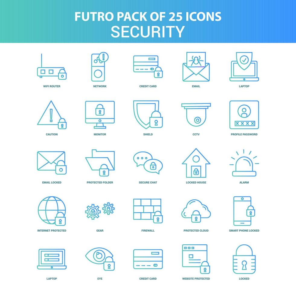 25 pacote de ícones de segurança futuro verde e azul vetor