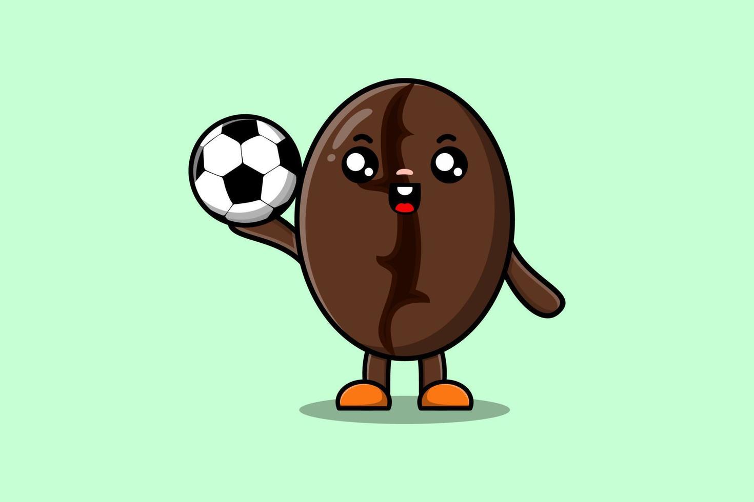 personagem de desenho animado bonito de grãos de café joga futebol vetor