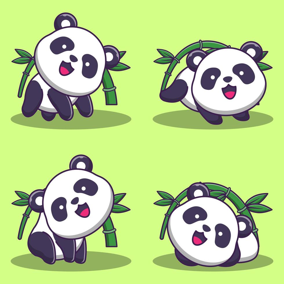 conjunto de ursinhos panda fofos com bambu vetor