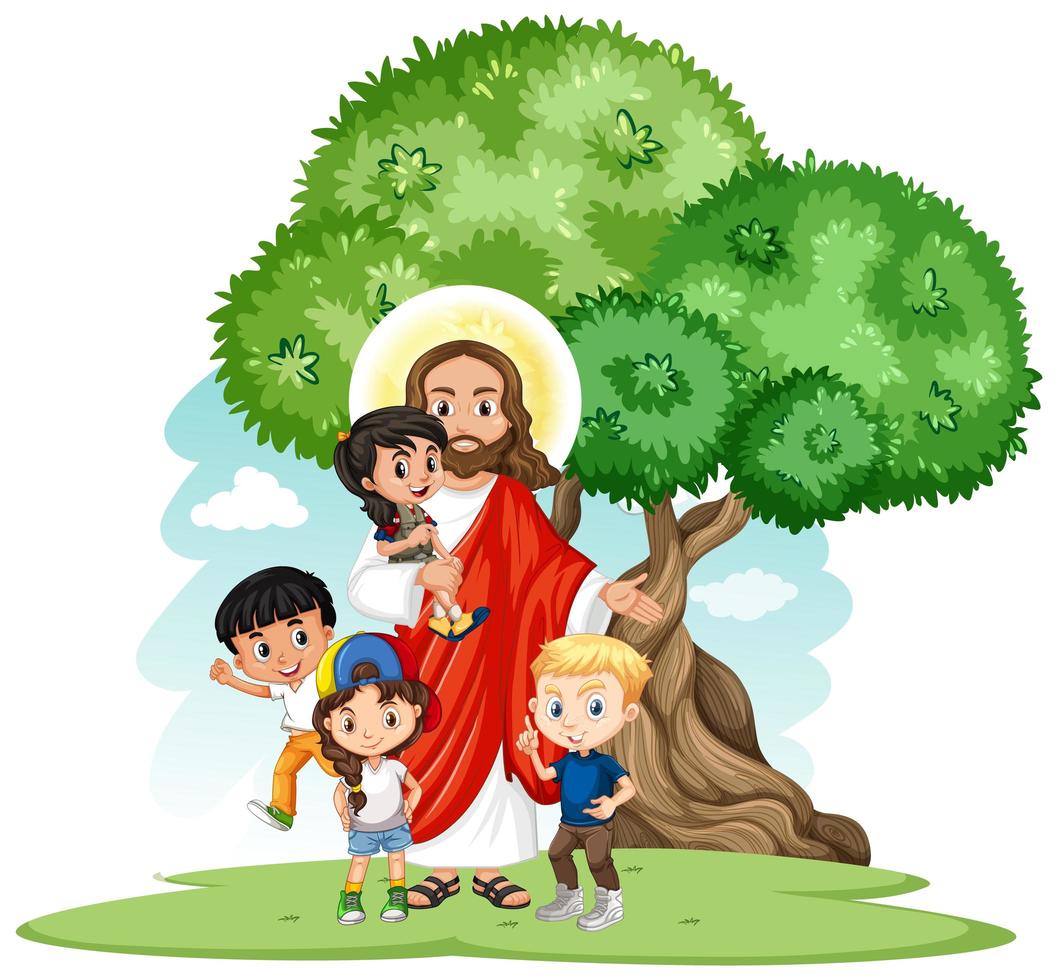 jesus com um conjunto de personagens de desenho animado do grupo infantil vetor