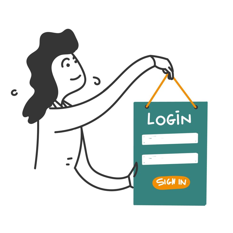 menina de doodle desenhada de mão com vetor de ilustração de página da web de formulário de login