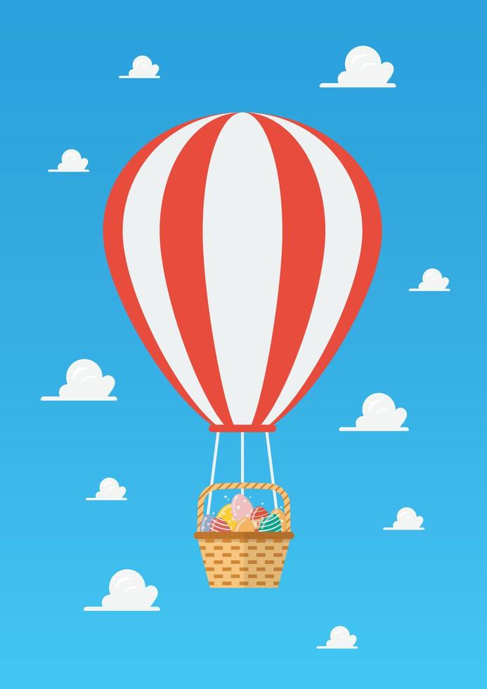 balão de ar quente com cesta cheia de ovos de páscoa vetor