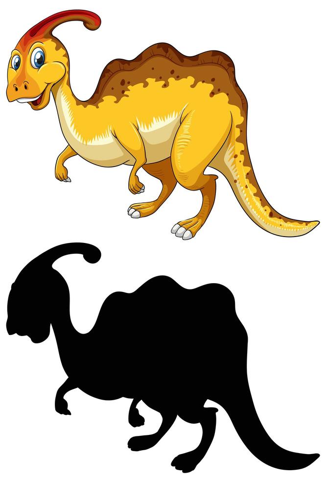 conjunto de personagem de desenho animado de dinossauro e sua silhueta vetor