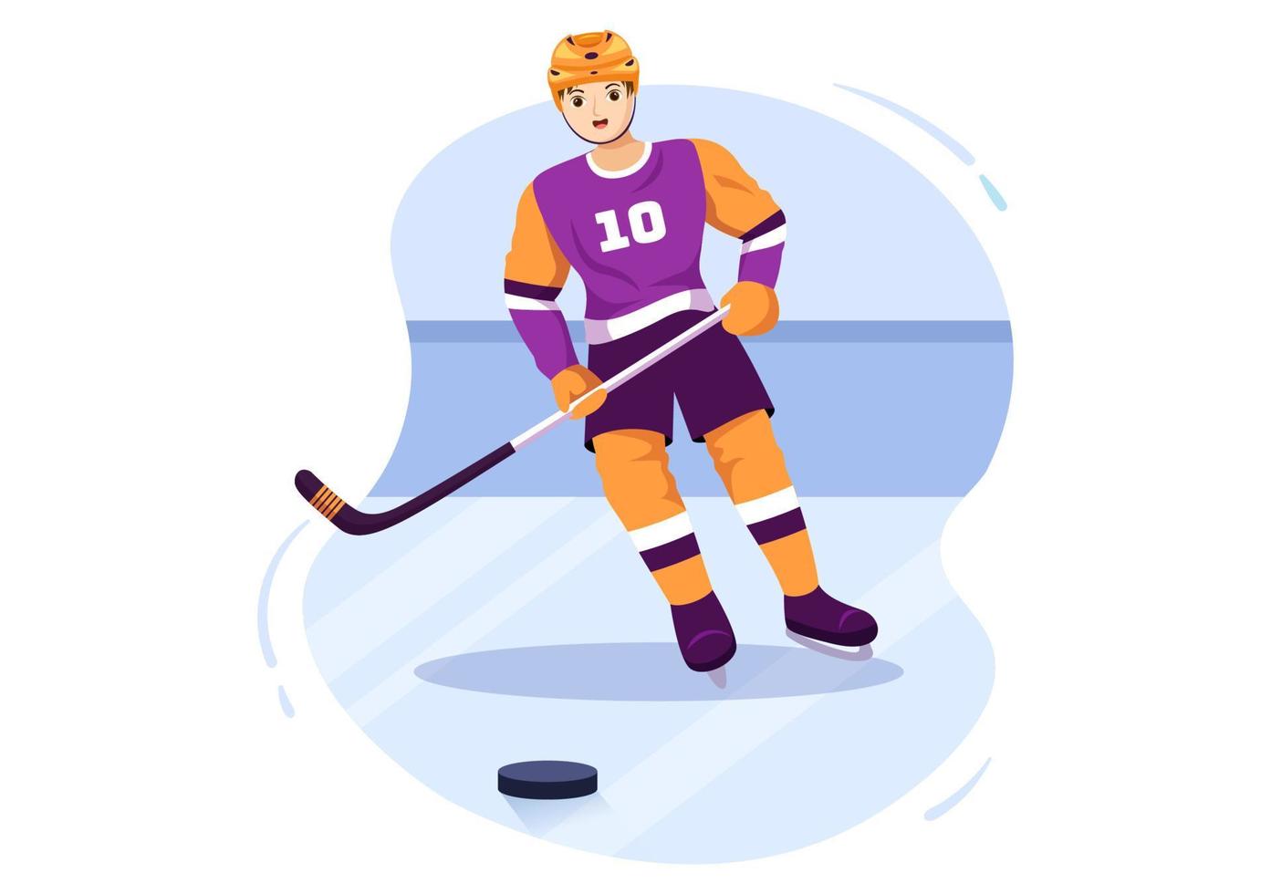 esporte de jogador de hóquei no gelo com capacete, bastão, disco e patins na superfície do gelo para jogo ou campeonato na ilustração de modelos desenhados à mão de desenho animado plano vetor