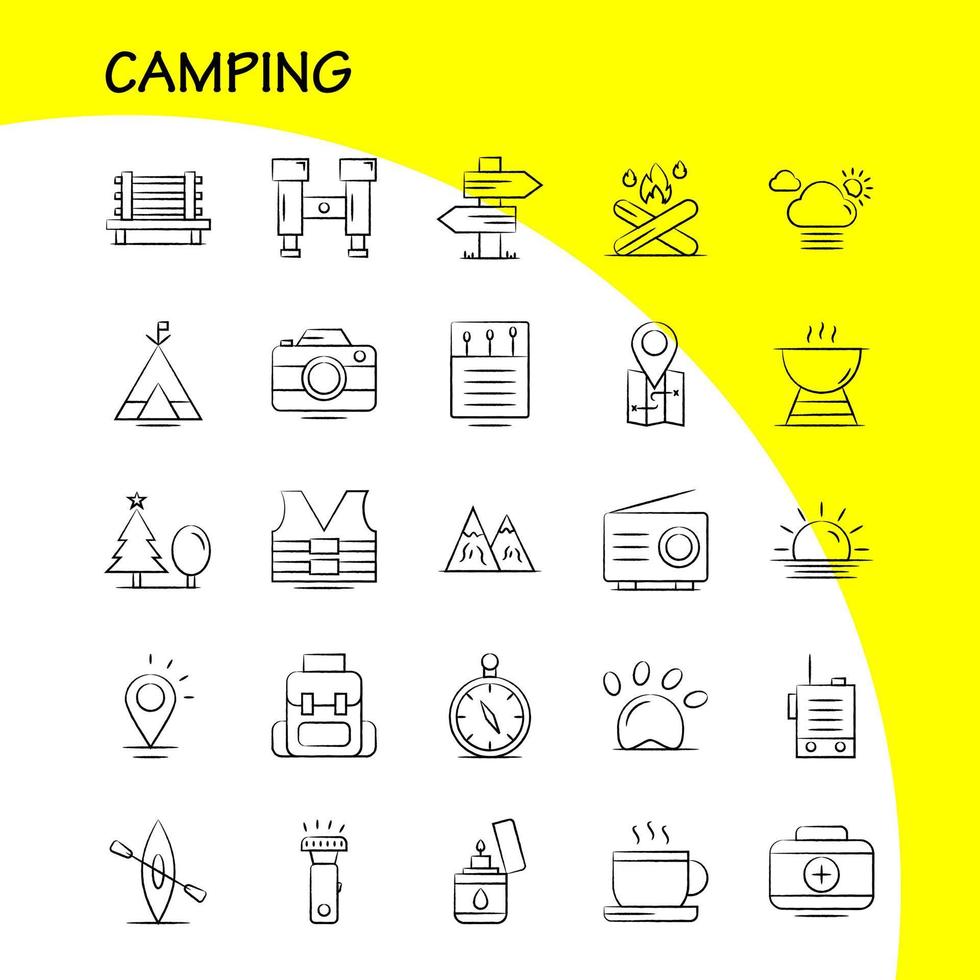 ícones desenhados à mão de acampamento definidos para kit de uxui móvel de infográficos e design de impressão incluem nuvem sol tempo xícara de chá café caixa quente vetor de conjunto de ícones