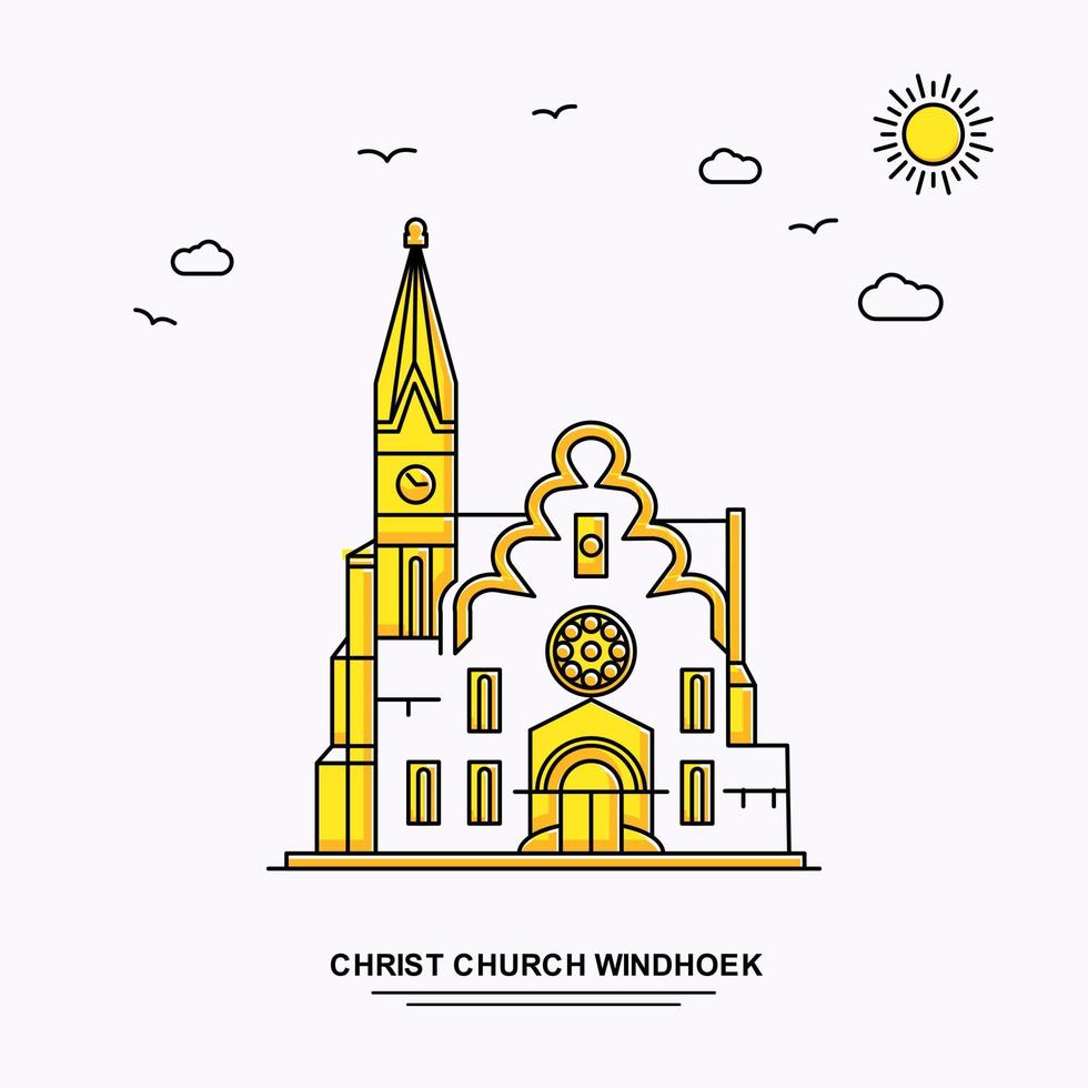 modelo de pôster do monumento de windhoek da igreja de cristo viagens pelo mundo amarelo fundo de ilustração em estilo de linha com cena de beleza natural vetor