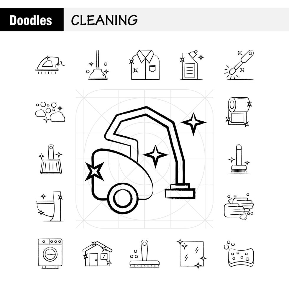 Ícones desenhados à mão de limpeza definidos para kit de uxui móvel de infográficos e design de impressão incluem escova escovação limpa êmbolo banheiro banheiro ferramenta conjunto de ícones vetor