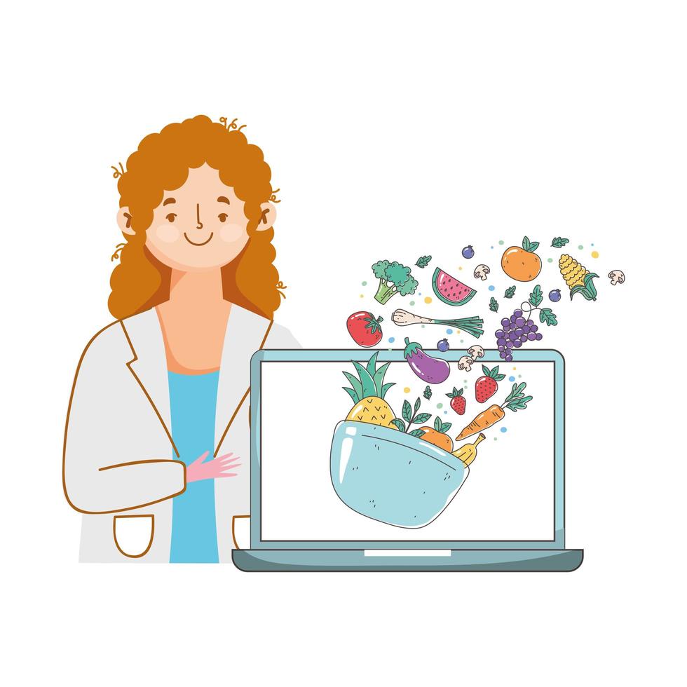 nutricionista mostrando laptop com frutas e vegetais frescos vetor