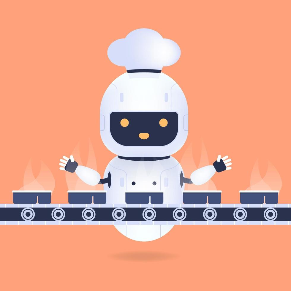 robô de chef amigável branco na fábrica de alimentos congelados. conceito de inteligência artificial de robô de cozinha. vetor