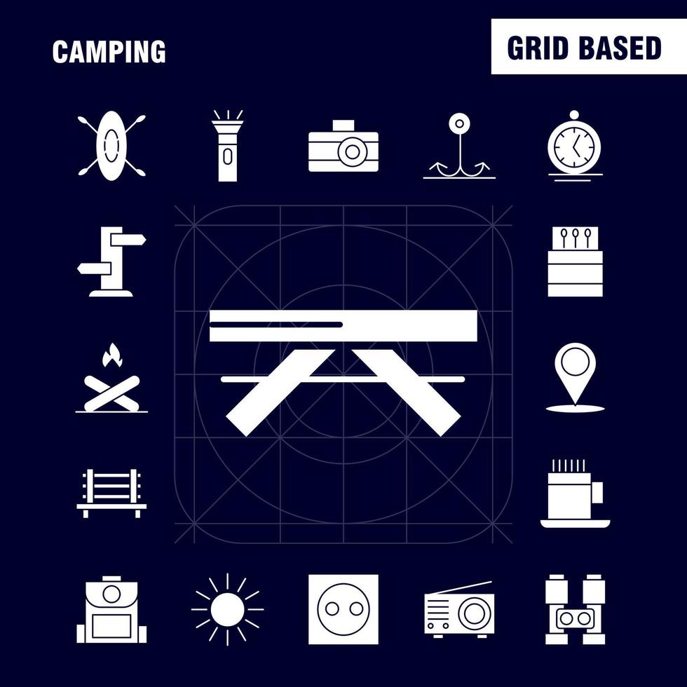 pacote de ícones de glifo sólido de acampamento para designers e desenvolvedores ícones de banco de acampamento viagens ao ar livre jogo de acampamento ao ar livre vetor de fogo