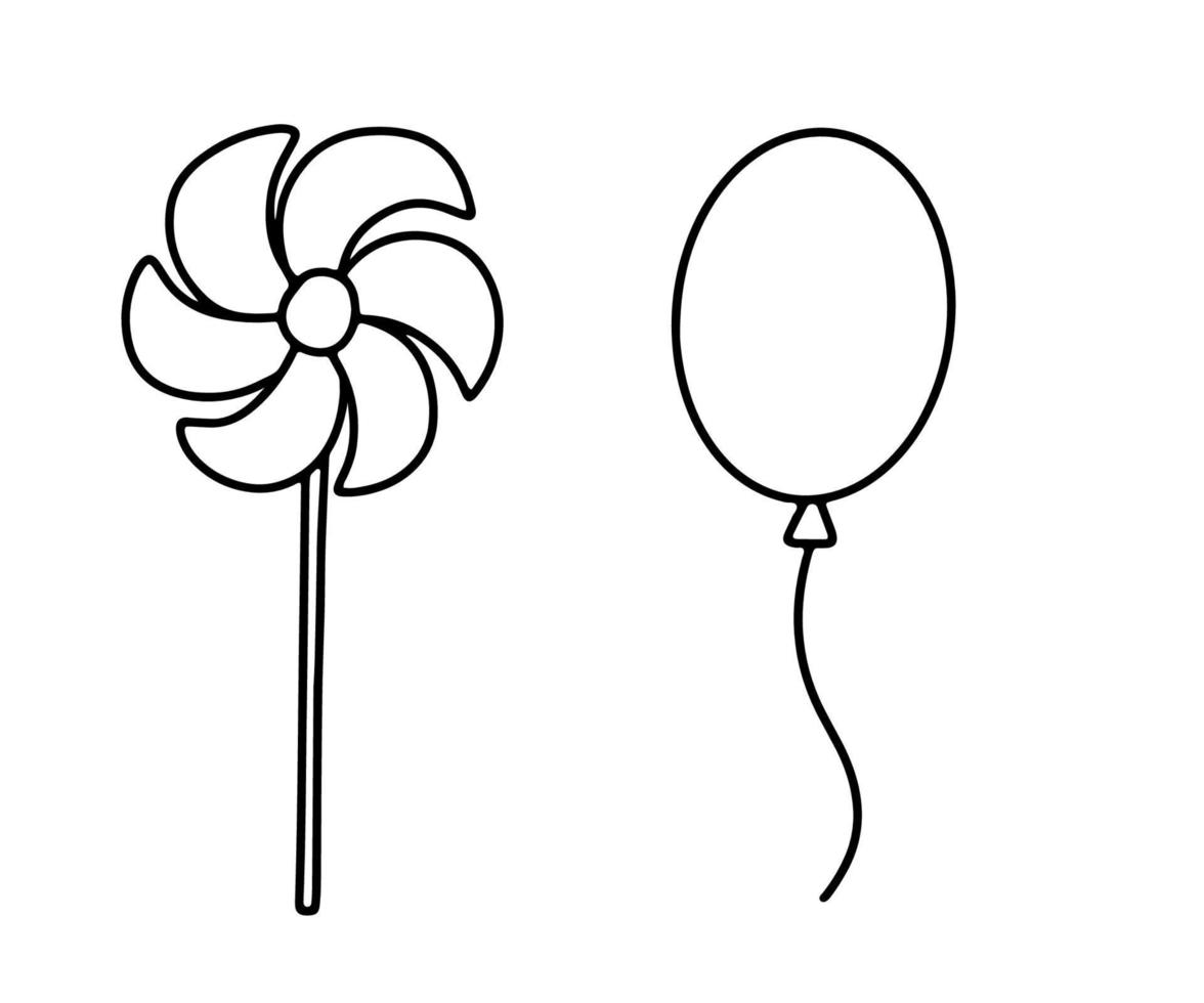 ícone de cata-vento de contorno. brinquedo giratório de vento infantil. balão bonito. ilustração em vetor doodle.