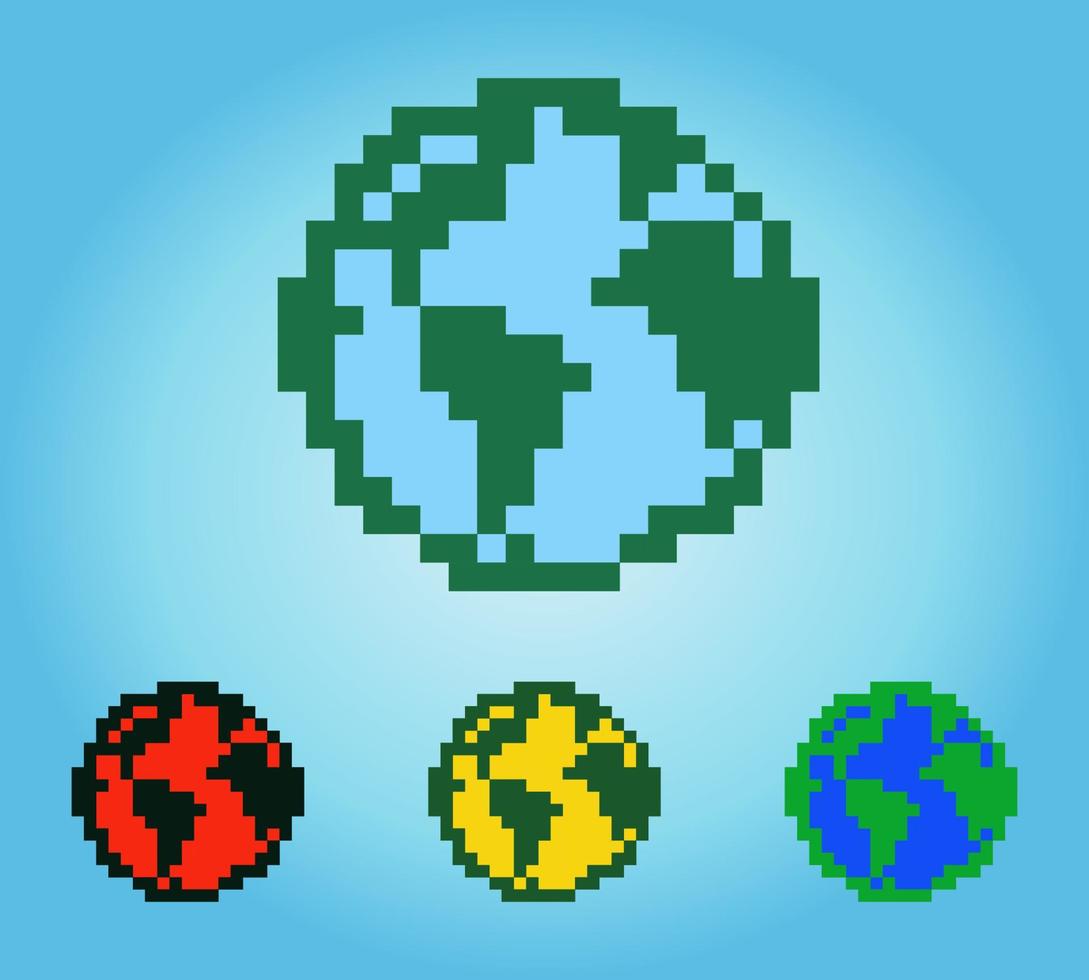 Pixel de terra em miniatura de 8 bits. o mundo em ilustrações vetoriais. globo em pixel art. vetor