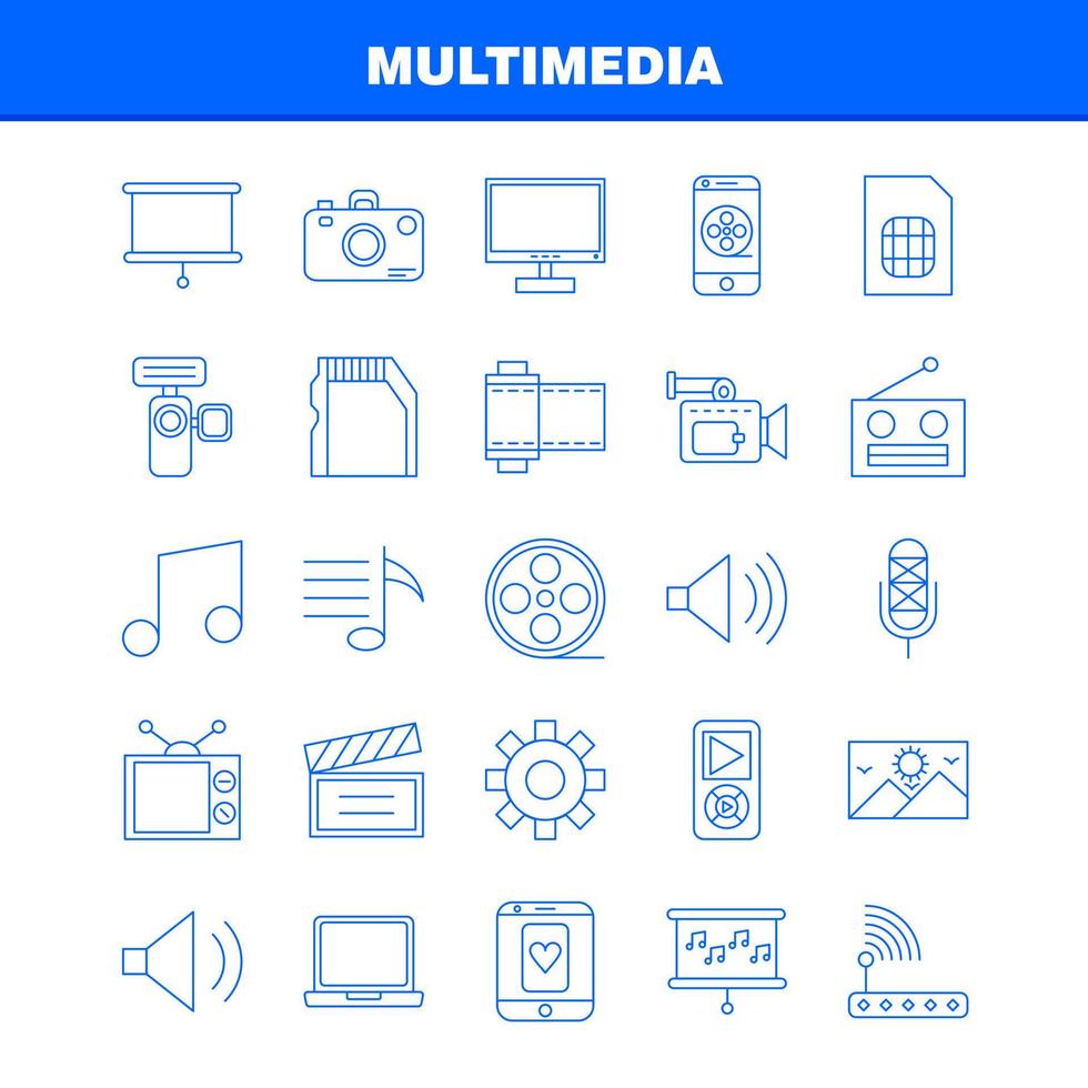 ícone de linha multimídia para impressão na web e kit uxui móvel, como engrenagem manter configuração de ferramenta de ajuste de alto-falante hardware de computador pacote de pictograma vetor