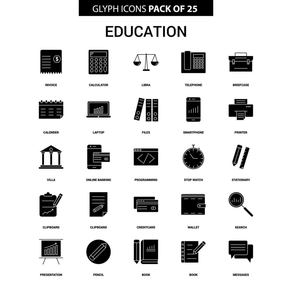 conjunto de ícones de vetor de glifo de educação