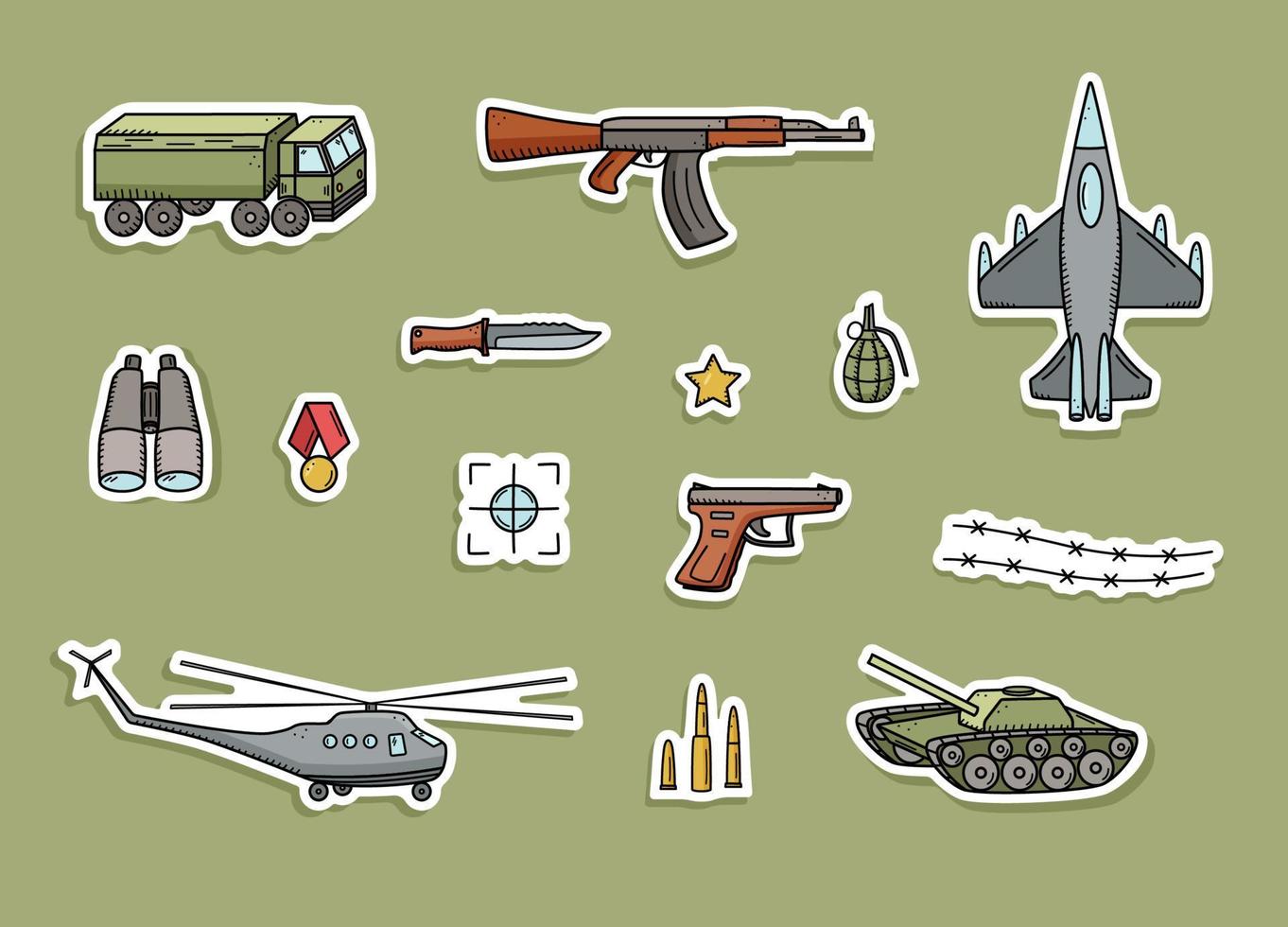 adesivos militares doodle ícones de cor. ilustração em vetor de um conjunto de equipamentos militares, itens do exército.