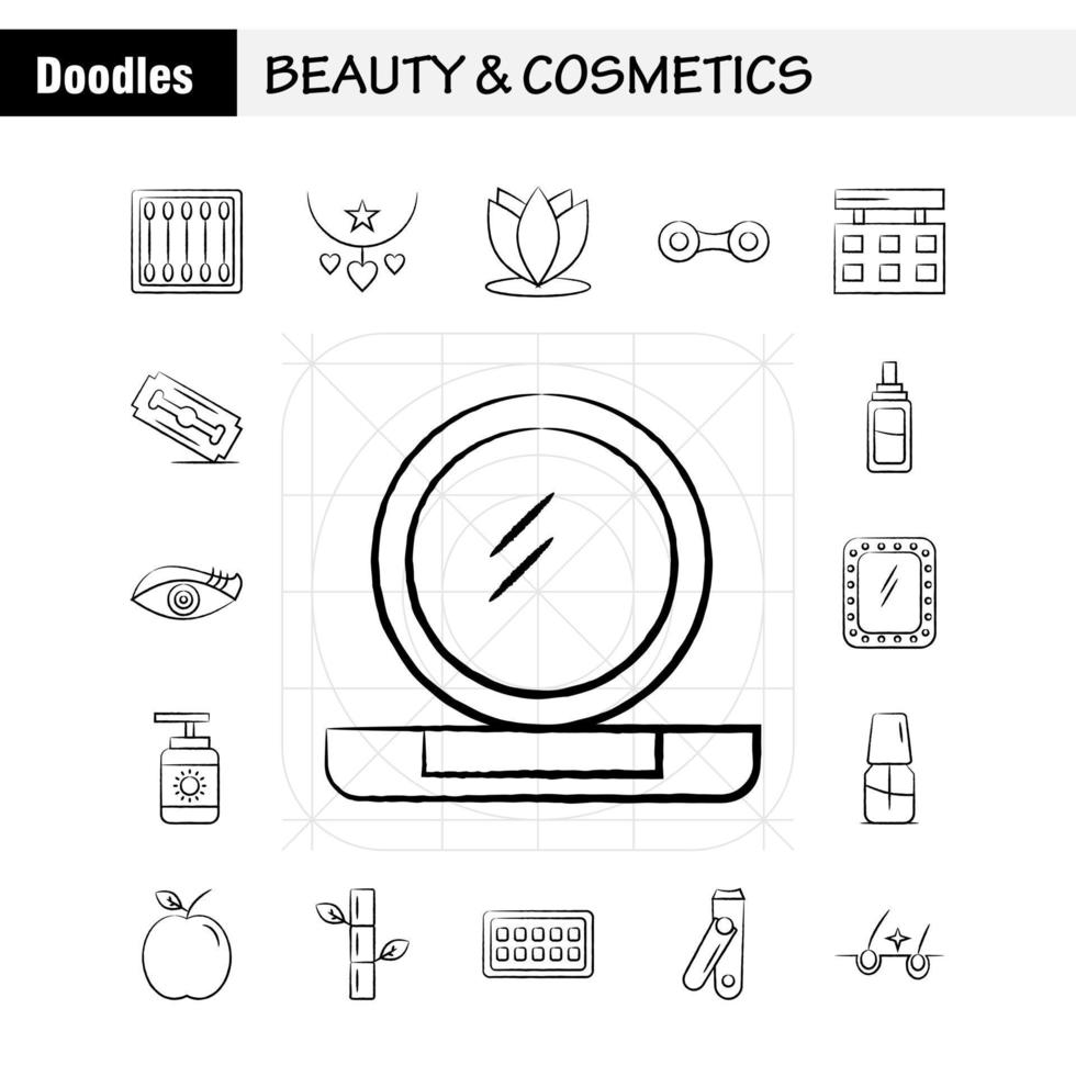 ícones desenhados à mão de beleza e cosméticos definidos para infográficos kit uxui móvel e design de impressão incluem botões de beleza maquiagem de algodão mulher cosmética beleza amor conjunto de ícones vetor