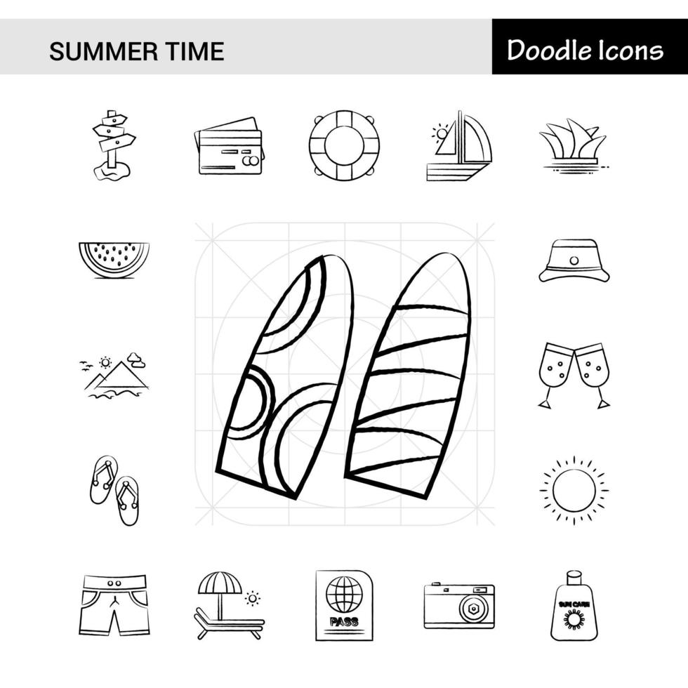conjunto de 17 ícones desenhados à mão no horário de verão vetor