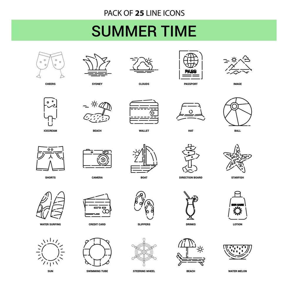 conjunto de ícones de linha de horário de verão 25 estilo de contorno tracejado vetor