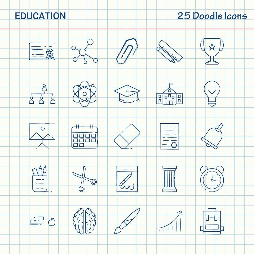 educação 25 ícones de rabiscos desenhados à mão conjunto de ícones de negócios vetor