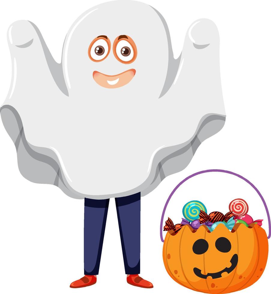 um menino vestindo fantasia de fantasma halloween doces ou travessuras vetor