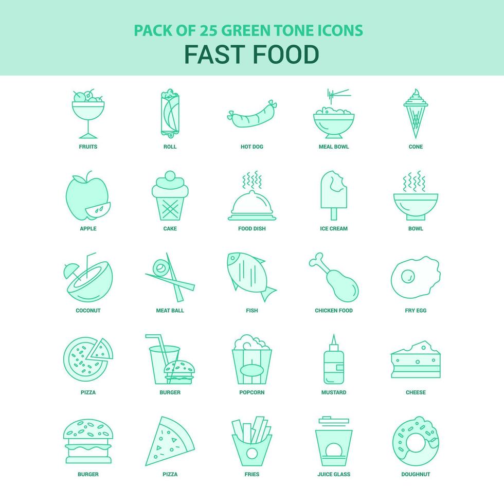 25 conjunto de ícones verdes de fast-food vetor