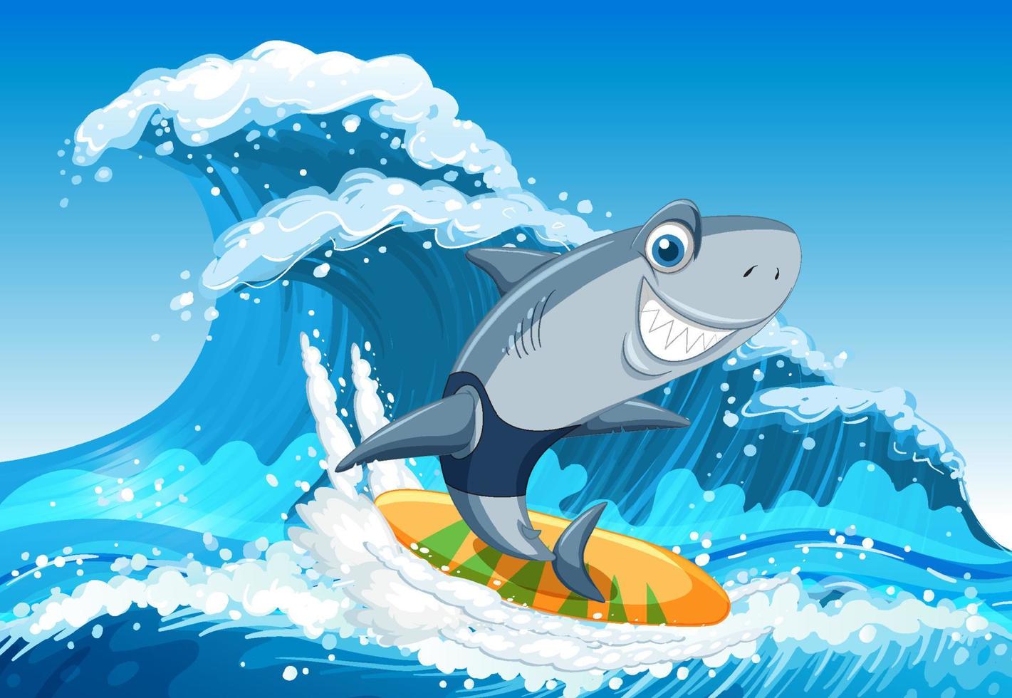 personagem de desenho animado de tubarão fofo surfando na cena do oceano vetor