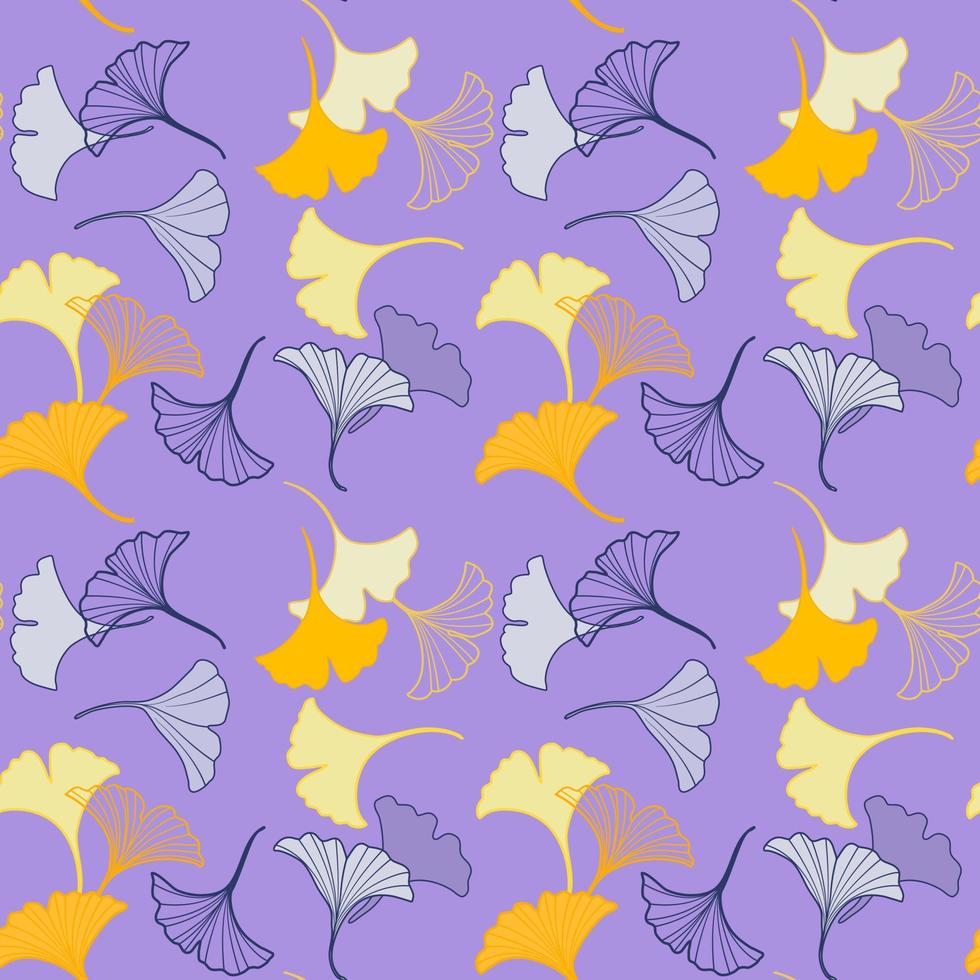 padrão vetorial perfeito com folhas de ginkgo amarelas e cinzas caindo, ilustração abstrata folha de outono desenhando em fundo violeta para impressão de têxteis de tecido de moda, papel de parede e embrulho de papel vetor