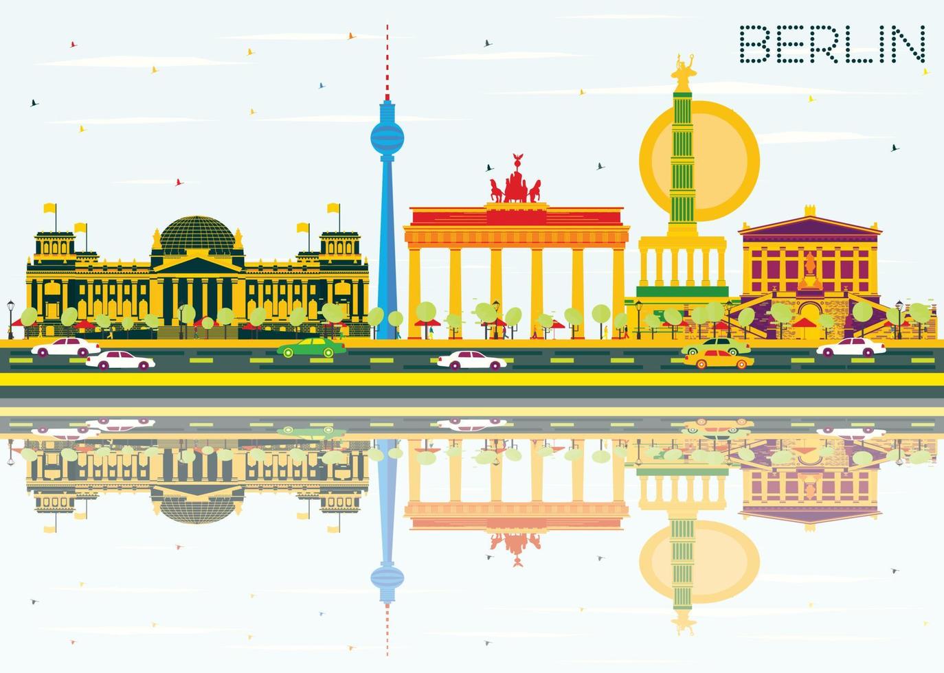 Horizonte de Berlim com edifícios coloridos, céu azul e reflexões. vetor