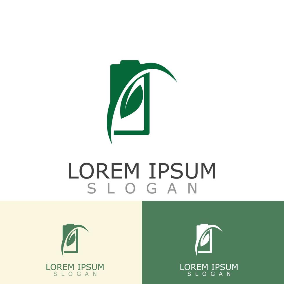 bateria ecológica e vetor de ilustração de design de modelo de logotipo de folha