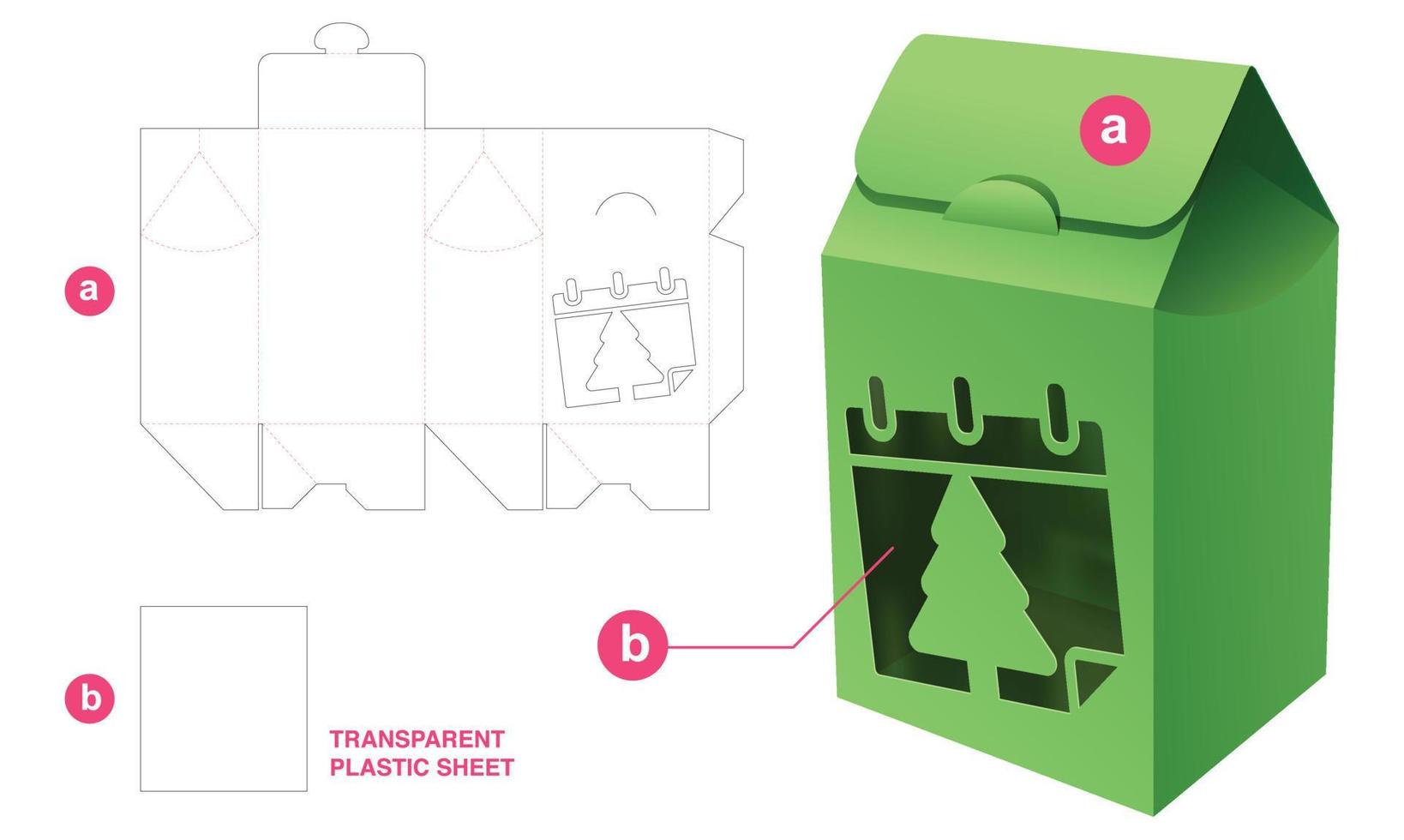 caixa de saco flip de embalagem com janela de natal e modelo de corte e vinco de folha de plástico transparente vetor