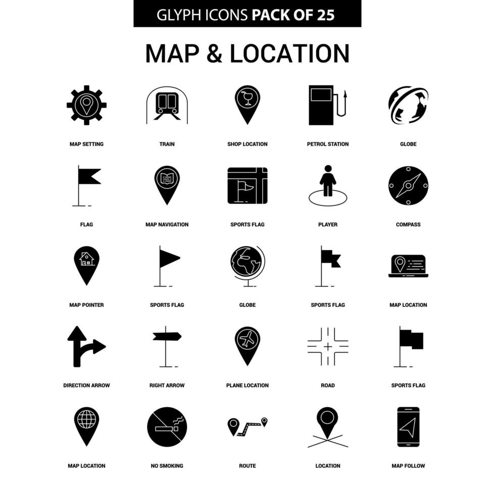 conjunto de ícones de vetor de glifo de mapa e localização