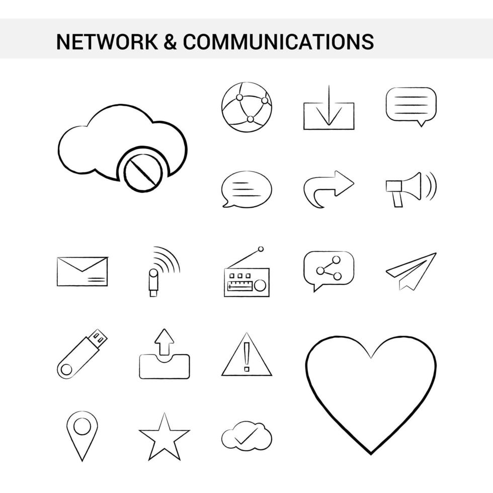 estilo de conjunto de ícones desenhados à mão de rede e comunicação isolado no vetor de fundo branco