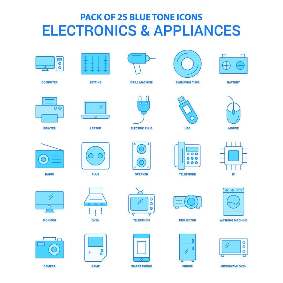 pacote de ícones de tom azul de eletrônicos e eletrodomésticos 25 conjuntos de ícones vetor