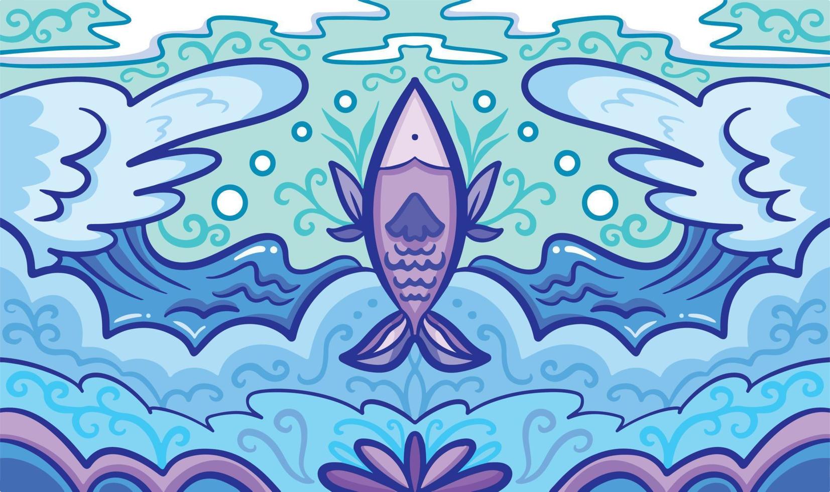 mar azul temático com fundo simétrico de ilustração vetorial de desenho de peixe. papel de parede de simetria para pano de fundo de área de trabalho, postagem de mídia social, site ou papel de parede de brochura. arte temática marinha isolada. vetor