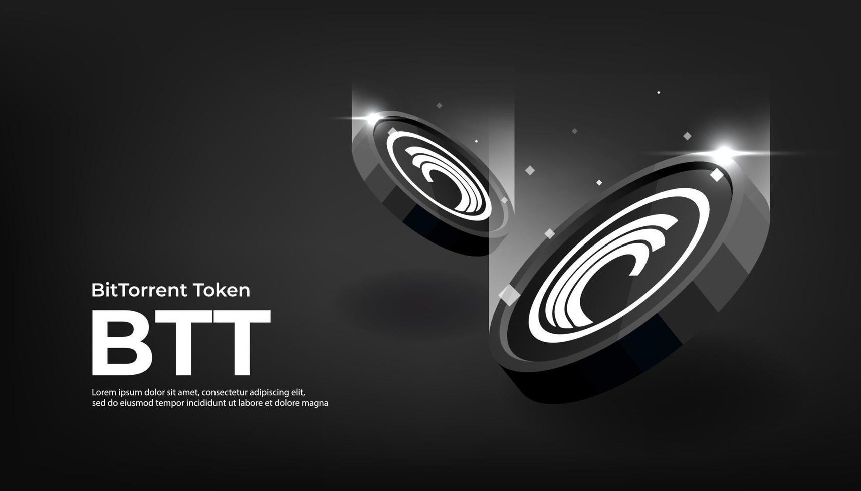 banner com tema de moeda criptográfica de moeda de token btt de bittorrent. ícone btt em fundo de cor preta moderna. vetor