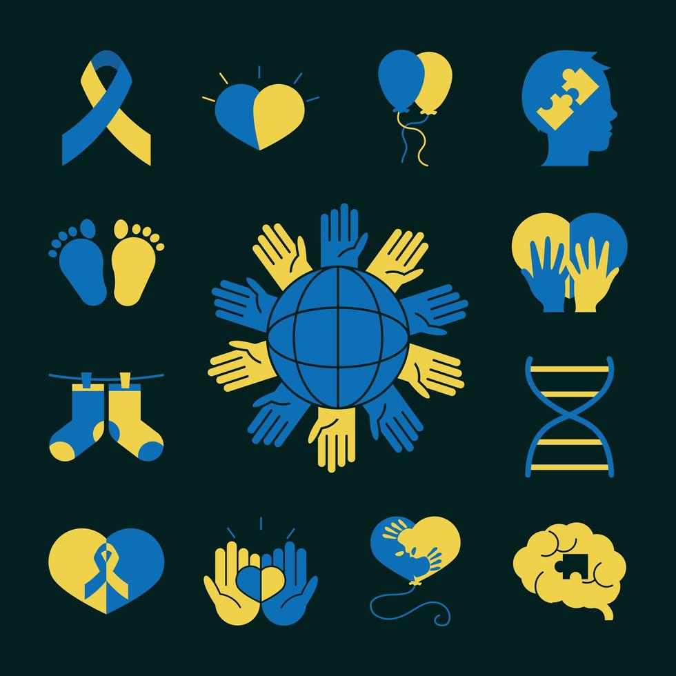 conjunto de ícones de pictograma do dia mundial da síndrome de down vetor