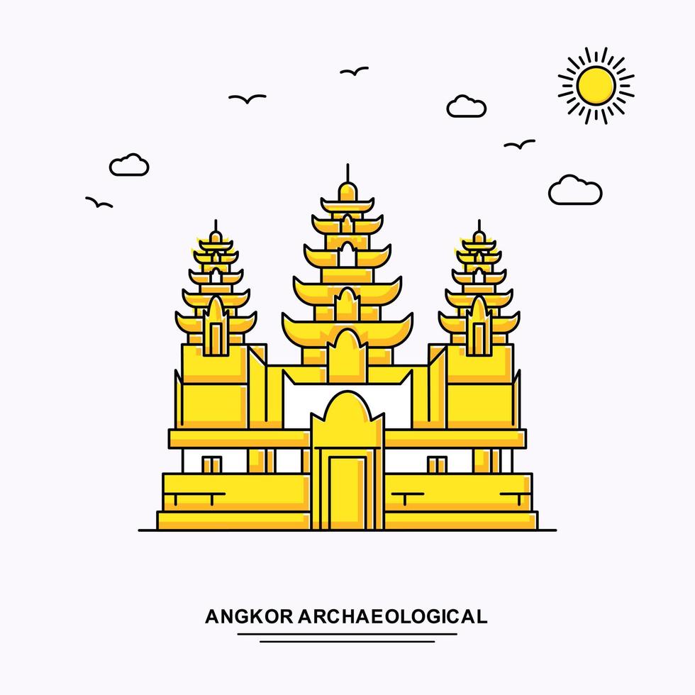 modelo de pôster de monumento arqueológico de angkor viagens pelo mundo amarelo fundo de ilustração em estilo de linha com cena de beleza natural vetor
