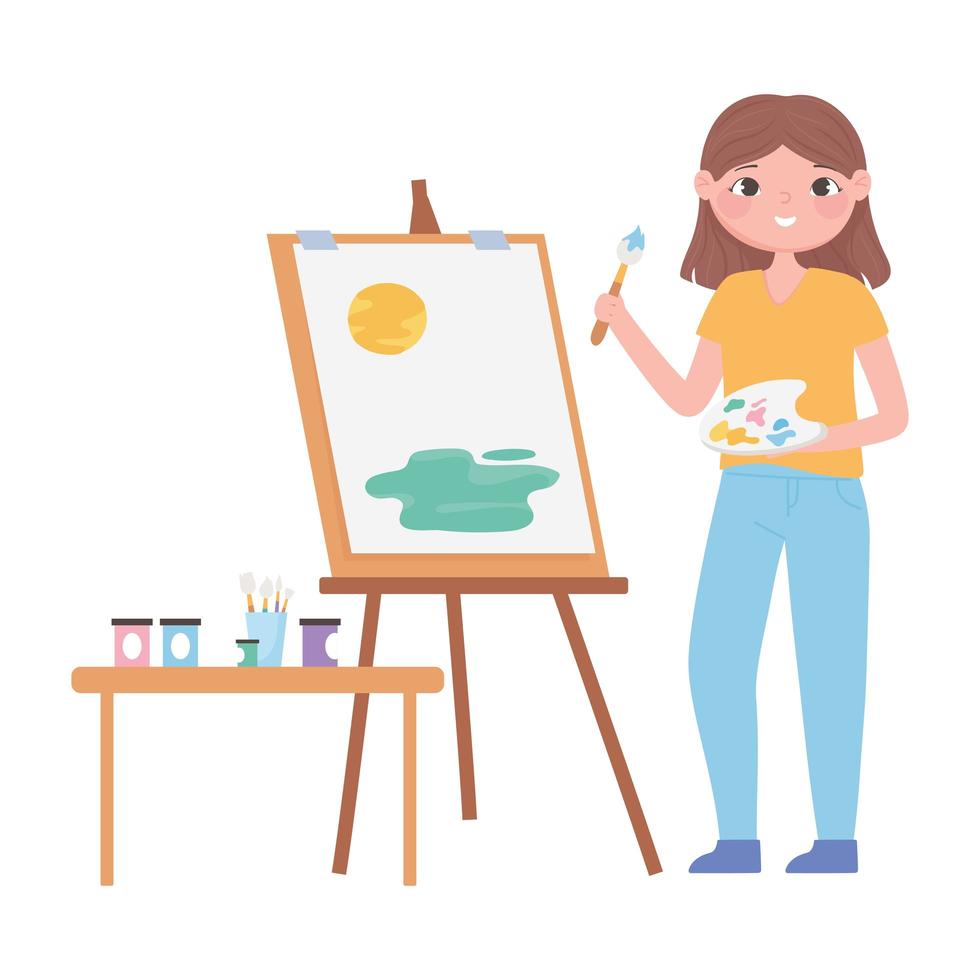 garota pintando em tela com pincel e paleta de cores vetor