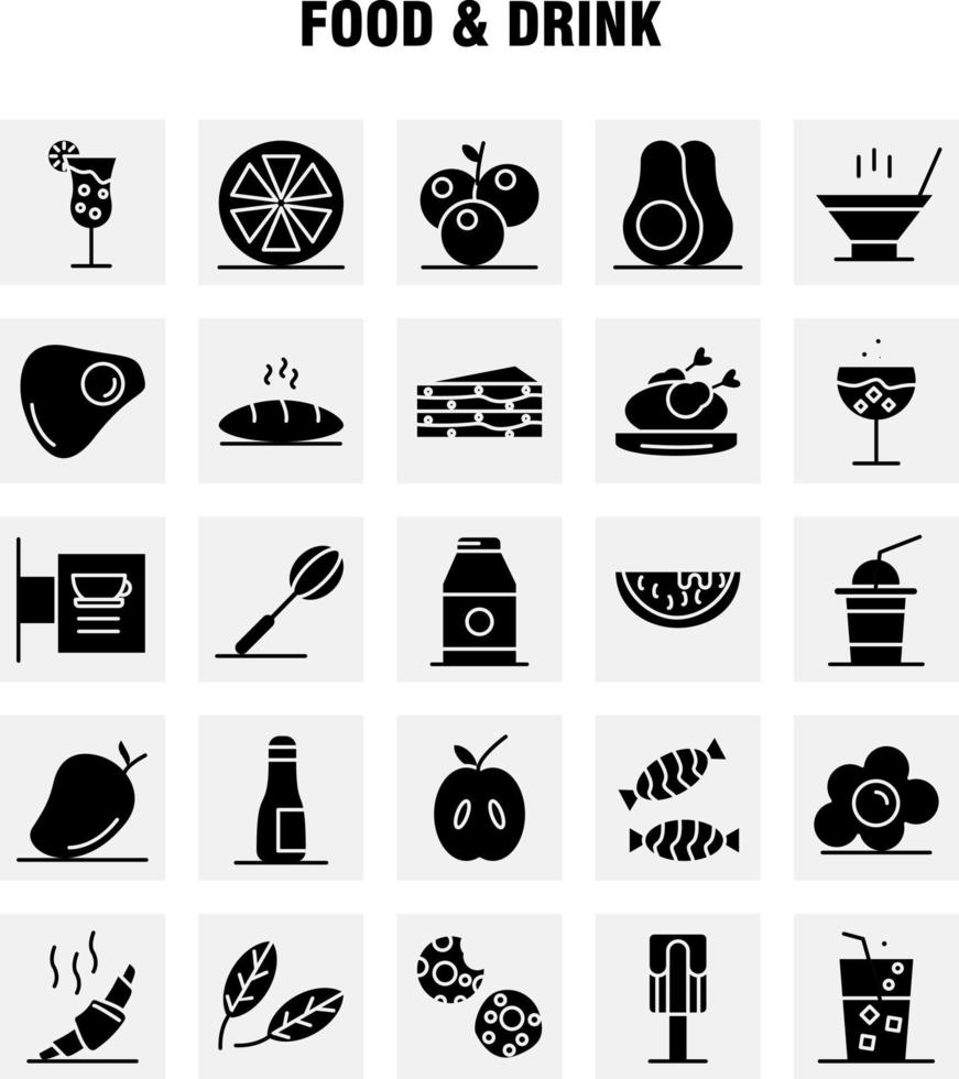 ícones de glifo sólido de comida e bebida definidos para infográficos kit uxui móvel e design de impressão incluem copo de coquetel taça taça vinho bebida assar croissant conjunto de ícones vetor
