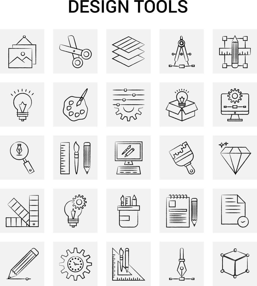 conjunto de ícones de 25 ferramentas de design desenhadas à mão fundo cinza vetor doodle