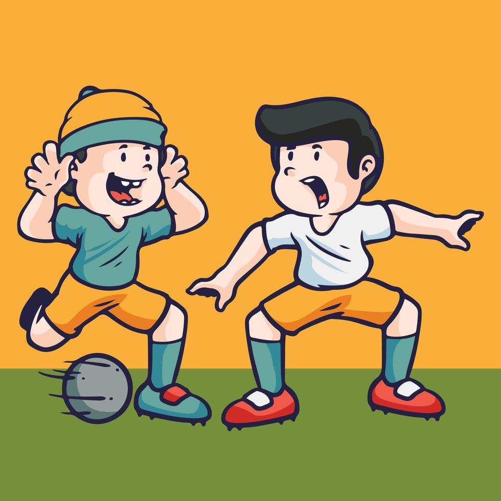 crianças desenhadas à mão atividades de desenho animado de dois meninos jogando futebol. vetor