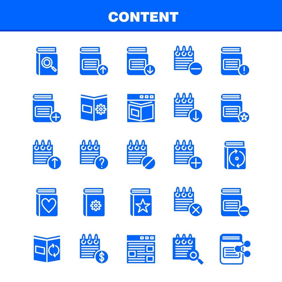 pacote de ícones de glifo sólido de conteúdo para designers e desenvolvedores ícones de detalhes de conteúdo da web vetor de data de calendário de conteúdo de livro da web