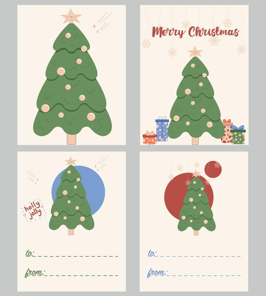 cartões de natal com árvore de natal e espaço de texto. letras bonito cartão ilustrado em estilo vintage com mão desenhada texto feliz natal. cartões de convite, flyer, cartaz, banner vetor